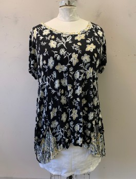 Womens, Top, N/L, Black, Multi-color, Rayon, Floral, B46, Scoop Neck, S/S, Handkerchief Hem, 2 Pockets, Forest Green, Gold, and White Floral Pattern