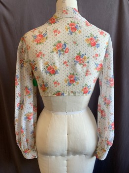 NL, White, Salmon Pink, Blue, Black, Green, Cotton, Floral, Dots, C.A., Tie Front, L/S, Cropped