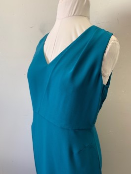 Womens, Dress, Sleeveless, BANANA REPUBLIC, Teal Blue, Polyester, Solid, Sz.10, Crepe, V-neck, Pleated Detail at One Shoulder, Fitted, Knee Length, Invisible Zipper in Back