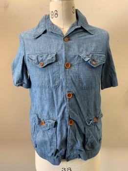 MISTER FREEDOM, Blue, White, Cotton, 2 Color Weave, S/S, Button Front, Collar Attached, 4 Pockets