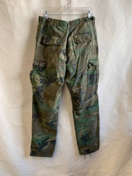 Mens, Pants, Military Uniform, NL, Olive Green, Green, Brown, Cotton, Camouflage, 32/33, Slant Pockets, Button Front, 2 Cargo Pockets, 2 Back Pockets, Drawstring on Right Cuff, *Faded