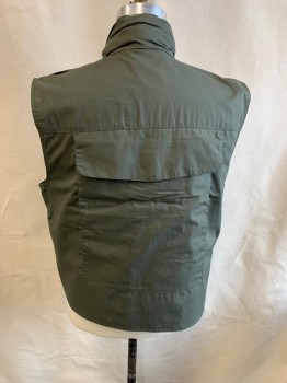 Mens, Wilderness Vest, ROTHCO, Olive Green, Poly/Cotton, XL, Stand Collar, Zip Front, 6 Pockets at Front, 1 Large Pocket at Center Back, Pocket at Neck to Conceal Hood, Epaulets