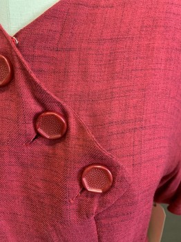 BOULEVARD, Red, Rayon, Heathered, Heathered Red, Short Sleeves, Side Zip, 1 Pocket with Button Detail, 3 Button Detail on Collar, Full Length, Belt Loops, No Belt, Front Kick Pleat