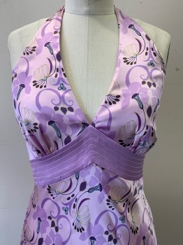 LAUNDRY, Lilac Purple, Purple, Green, Baby Blue, Silk, Floral, Halter Neck, V Waist Band with Horizontal Stitching, Side Zipper,