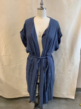 Now Gen, Blue, White, Linen, Viscose, Stripes - Vertical , Stitched Vertical Stripes, Cuffed Sleeve Pinned By a Button, 2 Pockets, Belt Loops, W/ Belt