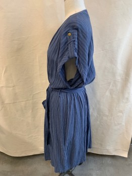 Womens, SPA Robe, Now Gen, Blue, White, Linen, Viscose, Stripes - Vertical , XL, Stitched Vertical Stripes, Cuffed Sleeve Pinned By a Button, 2 Pockets, Belt Loops, W/ Belt