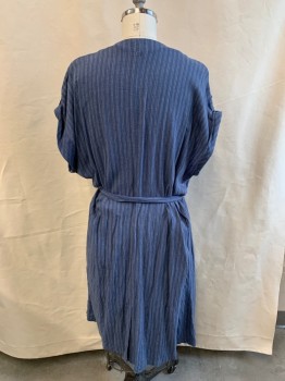 Now Gen, Blue, White, Linen, Viscose, Stripes - Vertical , Stitched Vertical Stripes, Cuffed Sleeve Pinned By a Button, 2 Pockets, Belt Loops, W/ Belt