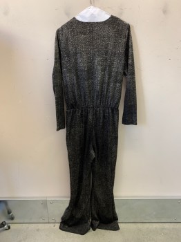 Womens, Jumpsuit, N/L, Black, Gold, Silver, Polyester, Speckled, W:30, B:38, H:42, L/S, Hook N Eye Front, Self Tie, 2 Pockets, Mattelasse Style Textile