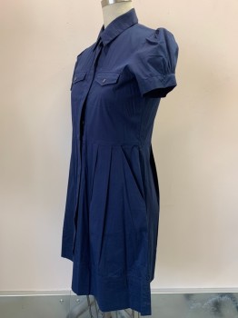 THEORY, Navy Blue, Polyester, Cotton, Solid, Hort Puff Sleeves, Button Front, Collar Attached, Chest And Side Pockets, Pleated Skirt,