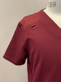 JAANUU, Red Burgundy, Polyester, Rayon, Solid, S/S, V Neck, Hoop On Right Shoulder, Side Pockets With Zipper