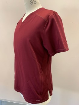 JAANUU, Red Burgundy, Polyester, Rayon, Solid, S/S, V Neck, Hoop On Right Shoulder, Side Pockets With Zipper