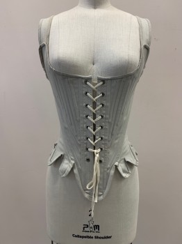 NO LABEL, Lt Gray, Off White, Cotton, Solid, Shoulder Straps With Back Ties, Scoop Neck, Boning, Front And Back Lace Made To Order,