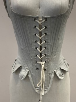 Womens, Historical Fiction Corset, NO LABEL, Lt Gray, Off White, Cotton, Solid, W24, B30, Shoulder Straps With Back Ties, Scoop Neck, Boning, Front And Back Lace Made To Order,