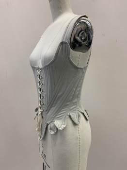 Womens, Historical Fiction Corset, NO LABEL, Lt Gray, Off White, Cotton, Solid, W24, B30, Shoulder Straps With Back Ties, Scoop Neck, Boning, Front And Back Lace Made To Order,