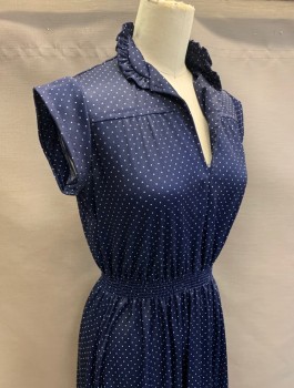 VISIONZ, Navy Blue, White, Polyester, Dots, Stretch Fabric, Cap Sleeves, Stand Collar With Self Ruffle, V-Neck, Smocked Elastic Waist, Knee Length