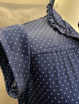 VISIONZ, Navy Blue, White, Polyester, Dots, Stretch Fabric, Cap Sleeves, Stand Collar With Self Ruffle, V-Neck, Smocked Elastic Waist, Knee Length