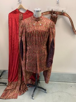 Mens, Historical Fiction Piece 1, N/L, Red, Gold, Orange, Synthetic, Floral, Tapestry, 38, Doublet - Brocade,  18 Front Pipe Pleats, Hanging Sleeves, Burgundy Velvet Sleeves with a Little Glitter, Stand Collar, CB Zipper, Snaps for Cape to Attach, Made To Order,