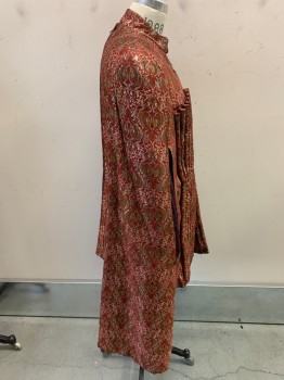 Mens, Historical Fiction Piece 1, N/L, Red, Gold, Orange, Synthetic, Floral, Tapestry, 38, Doublet - Brocade,  18 Front Pipe Pleats, Hanging Sleeves, Burgundy Velvet Sleeves with a Little Glitter, Stand Collar, CB Zipper, Snaps for Cape to Attach, Made To Order,