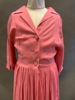 NO LABEL, Bubble Gum Pink, Cotton, Polyester, Heathered, Mid Sleeves, Button Front, Collar Attached, Pleated Skirt,