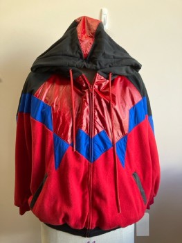 Mens, Jacket, NL, XL, Red Black Royal Blue Color Block, Cotton Polyester, Zip Front with Hood,
