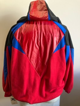Mens, Jacket, NL, XL, Red Black Royal Blue Color Block, Cotton Polyester, Zip Front with Hood,