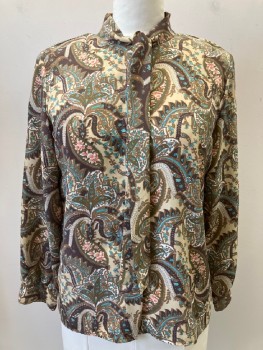 BEDFORD FAIR, Beige, Brown, Olive Green, Turquoise Blue, Rose Pink, Polyester, Paisley/Swirls, Floral, C.A. With Neck Tie, L/S, B.F. With Covered Placket