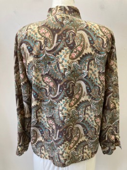 BEDFORD FAIR, Beige, Brown, Olive Green, Turquoise Blue, Rose Pink, Polyester, Paisley/Swirls, Floral, C.A. With Neck Tie, L/S, B.F. With Covered Placket