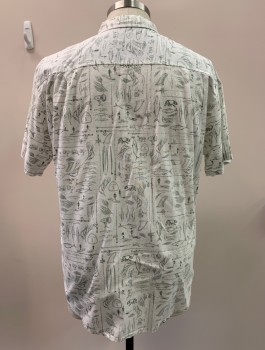 JACK O'NEILL, White, Sage Green, Linen, Cotton, Fish, Print, S/S, Button Front, Collar Attached, Chest Pocket