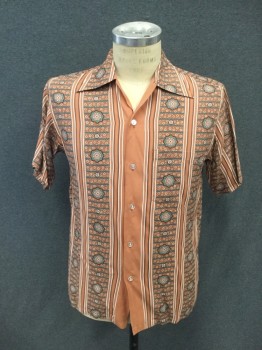 KONA BAY, Terracotta Brown, Turquoise Blue, White, Dk Brown, Rayon, Stripes, Floral, Vertical and Horizontal Stripes Intermixed with Floral Medallions, Button Front, Collar Attached, Short Sleeves, 1 Pocket, 60's Repro
