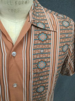 KONA BAY, Terracotta Brown, Turquoise Blue, White, Dk Brown, Rayon, Stripes, Floral, Vertical and Horizontal Stripes Intermixed with Floral Medallions, Button Front, Collar Attached, Short Sleeves, 1 Pocket, 60's Repro