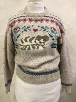 Womens, Pullover, EDDIE BAUER, Beige, Cranberry Red, Sage Green, Black, Brown, Wool, Novelty Pattern, L, Crew Neck, Long Sleeves, Thick Fair Isle Knit with Cat Center Front, Cat Lady, 1980's, Cozy
