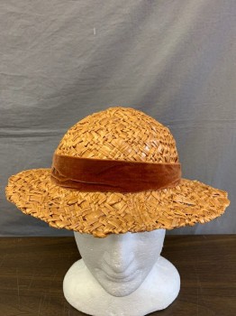 Womens, Hat, JOAN FRAZIER, Tan Brown, Chestnut Brown, Straw, Silk, Tan Straw, Chestnut Brown Velvet Band and Self Bow, Brim Wider In Front Than In Back, At Front It Is 4" Long