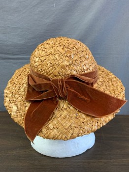 Womens, Hat, JOAN FRAZIER, Tan Brown, Chestnut Brown, Straw, Silk, Tan Straw, Chestnut Brown Velvet Band and Self Bow, Brim Wider In Front Than In Back, At Front It Is 4" Long