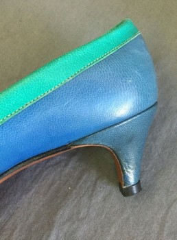 Womens, Shoes, PERTIES, Blue, Teal Green, Leather, 6.5, Heels, Blue with Teal 1/2" Edging Around Foot Opening, 2" Kitten Heel,