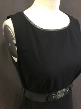 ELIE TAHARI, Black, Silver, Polyester, Elastane, Solid, Round Neck, Sleeveless, Side Zipper, Belt Loops, Attached Grosgrain Belt Ties in Back, Laser Cut Leather and Metal Filigree Front Waist, Sheer Trim at Neck Line and Hem. Top Stitch,