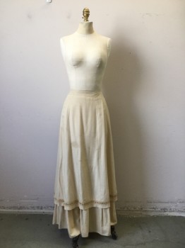 N/L, Cream, Olive Green, Silk, Wool, Solid, Floral, Walking Skirt. 2 Tier Skirt. Ribbon Trim in Cream and Olive on Top Skirt,