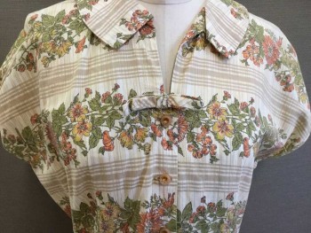N/L, Off White, Beige, Moss Green, Mustard Yellow, Orange, Cotton, Floral, Stripes - Horizontal , Short Sleeves, Button Front, Tan Buttons with Clear Rhinestones, Bow, Collar Attached,