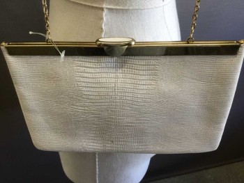 N/L, Cream, Leather, Reptile/Snakeskin, Flat, Gold Clasp Top, Gold Chain Strap