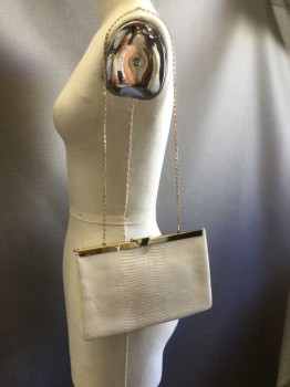 Womens, Purse, N/L, Cream, Leather, Reptile/Snakeskin, 6", 9", Flat, Gold Clasp Top, Gold Chain Strap