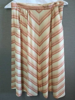 Womens, Skirt, PERCEPTION, Tan Brown, Peach Orange, Lt Brown, Polyester, Chevron, W 27, A-Line, Knee Length, 2 Curved Pockets at Side, Button Tab Closure at Side Waist,