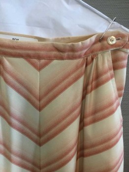 PERCEPTION, Tan Brown, Peach Orange, Lt Brown, Polyester, Chevron, A-Line, Knee Length, 2 Curved Pockets at Side, Button Tab Closure at Side Waist,