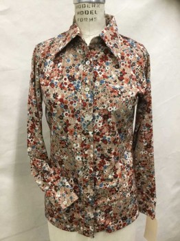 Womens, Blouse, QUEEN'S WAY TO FASHN, Cream, Brown, Dk Red, Slate Blue, Orange, Polyester, Floral, B 36, BLOUSE:  Cream W/brown, Dark Red, Slate Blue, Orange Cluster Floral Print, Collar Attached, Button Front, Long Sleeves, See Photo Attached,
