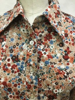 QUEEN'S WAY TO FASHN, Cream, Brown, Dk Red, Slate Blue, Orange, Polyester, Floral, BLOUSE:  Cream W/brown, Dark Red, Slate Blue, Orange Cluster Floral Print, Collar Attached, Button Front, Long Sleeves, See Photo Attached,