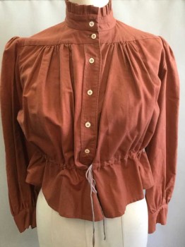 N/L, Rust Orange, Cotton, Solid, Long Sleeve, Button Front, Stand Collar with Pleated Ruffle Edge, Gathered At Chest Yoke, Gathered, Puffy Sleeves, Drawstring At Waistband, Made To Order *Minor Light/Sun Damage At Shoulders,