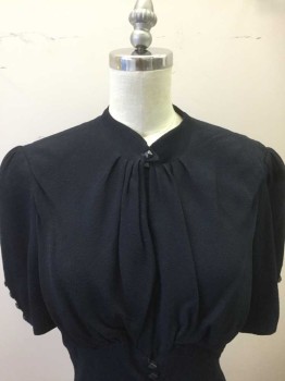 Womens, Dress, M.T.O., Navy Blue, Viscose, Solid, W 26, B 34, Crepe, High Collar with Faux Button with Snap Closure, Pleated and Gathered Bust, Snap Closure, Square Buttons with Loops, Short Sleeves, with Button Loop Closure, Hem Below Knee