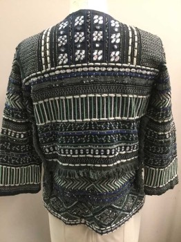 Womens, Casual Jacket, ZARA, Blue, Mint Green, Silver, Pewter Gray, Steel Blue, Polyester, Geometric, Stripes, Large, 2 Hooks and Eyes Center Front,  Seed Beads, Embroidery in Many Patterns, 3/4 Sleeves,