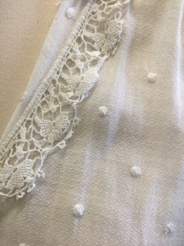 N/L, White, Cotton, Dots, Solid, Gauze with Self Dotted Texture, Long Sleeves, Lace Trim at Neck and Cuffs, V-neck, 1 Snap Closure at Center Front, 1 Button Closure at Center Front Waist, Faggotting Detail at Armhole and Shoulder Seams, Made To Order