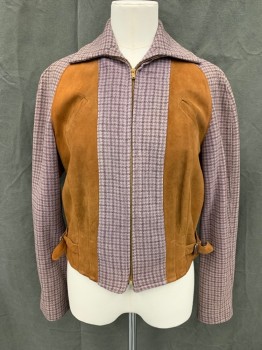 Womens, Jacket, MTO, Mauve Purple, Brown, Wool, Leather, Color Blocking, Grid , B34, Brown Suede Front Panels/Back, Purple/Mauve Grid Rest, Zip Front, 2 Pockets, Tab Side Buckles, Collar Attached,