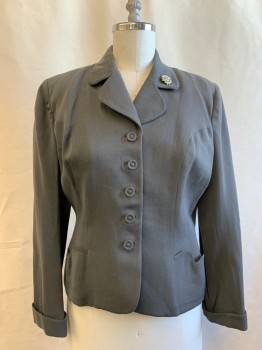 Womens, Blazer, N/L, Gray, Wool, Solid, 32W, 42B, Single Breasted, 5 Buttons, Turned Down Notched Lapel, Scallop Pocket Detail, Rhinestone Button on Lapel, Gabardine, Shoulder Burn