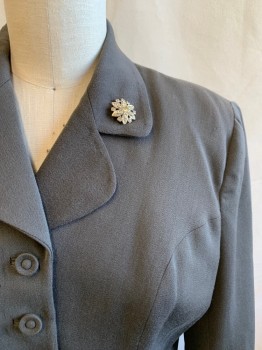 Womens, Blazer, N/L, Gray, Wool, Solid, 32W, 42B, Single Breasted, 5 Buttons, Turned Down Notched Lapel, Scallop Pocket Detail, Rhinestone Button on Lapel, Gabardine, Shoulder Burn